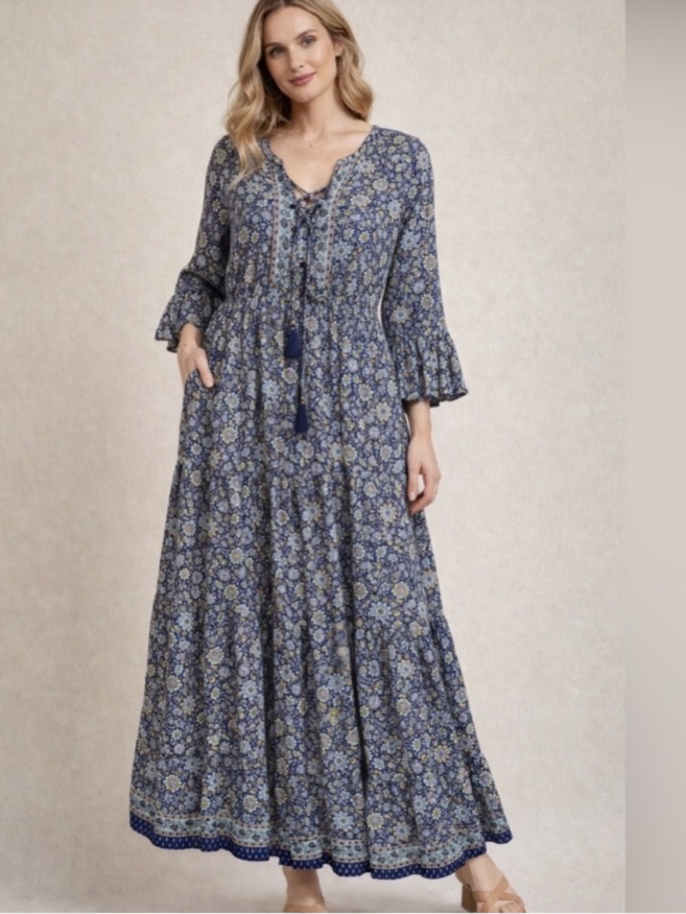 Anthropologie Boemo 2X Blue Floral Boho Midi Dress Tassel Tie Peasant Sleeve